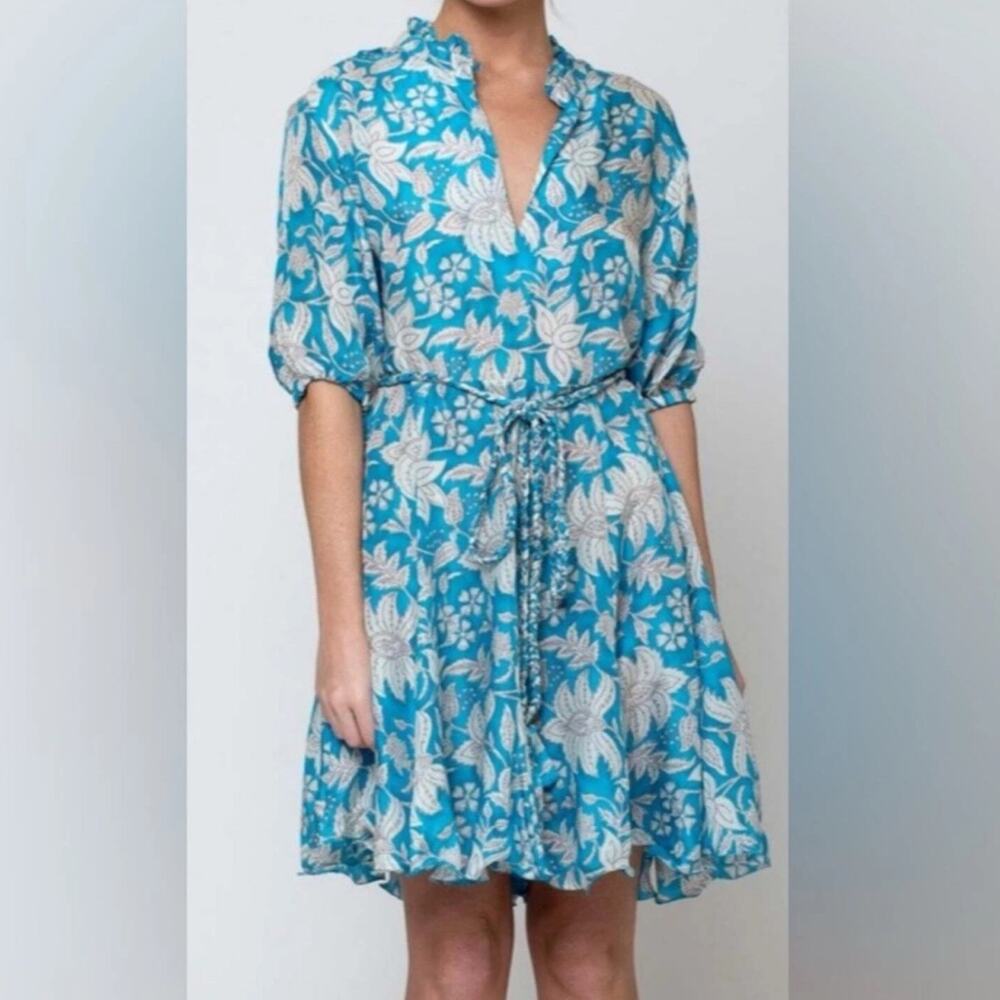 Hannah Artwear Gaia Silk Floral Belted Dress Blue White 1 S $430